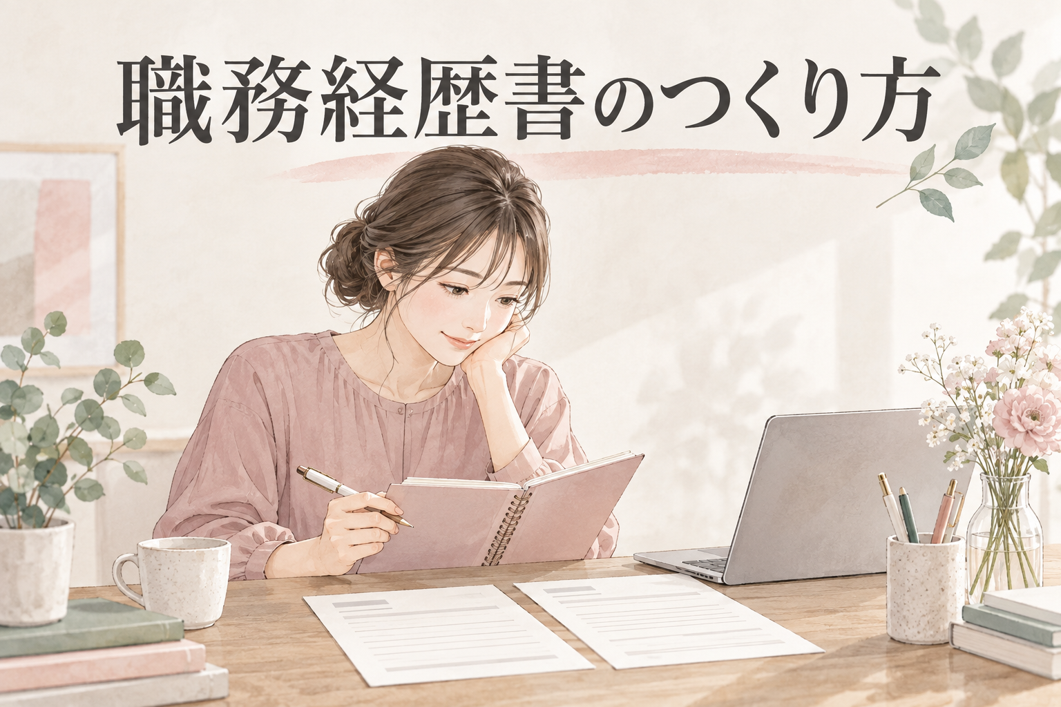 職務経歴書のつくり方というタイトルと経験を整理する女性のイメージ
