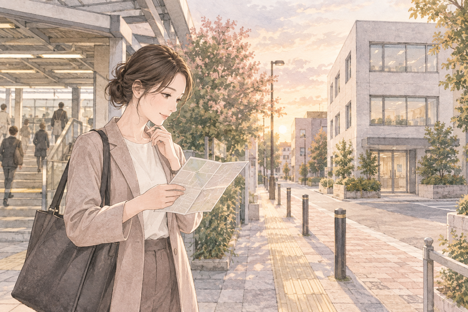 駅から勤務先へ向かう道を確認する女性のイメージ