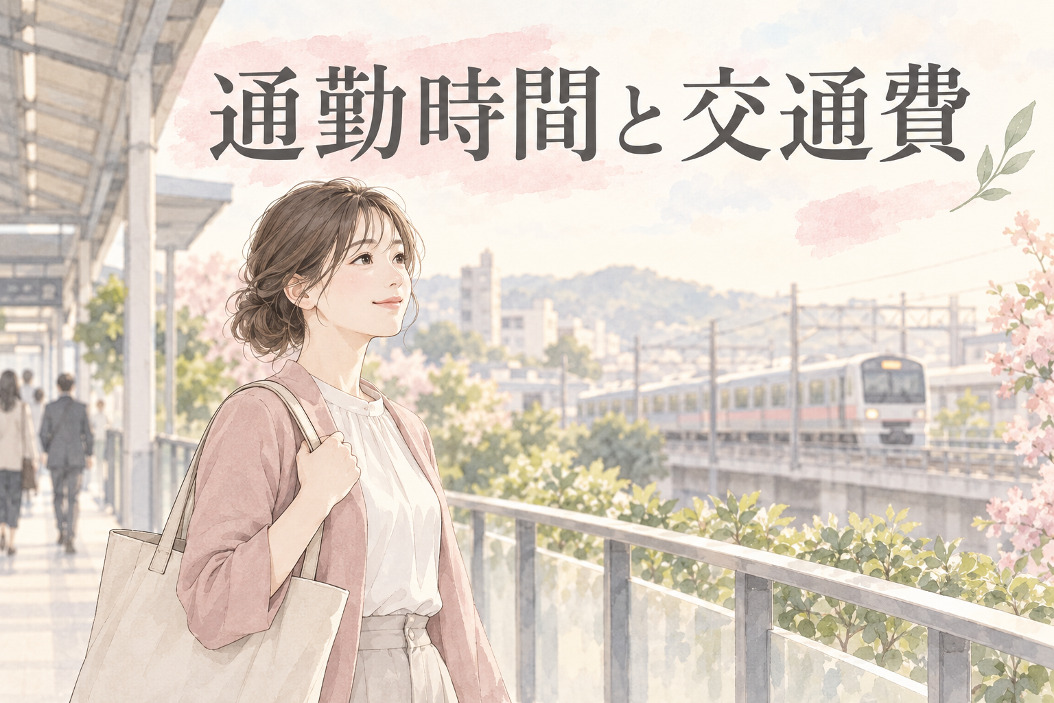 通勤時間と交通費というタイトルと駅の近くを歩く女性のイメージ