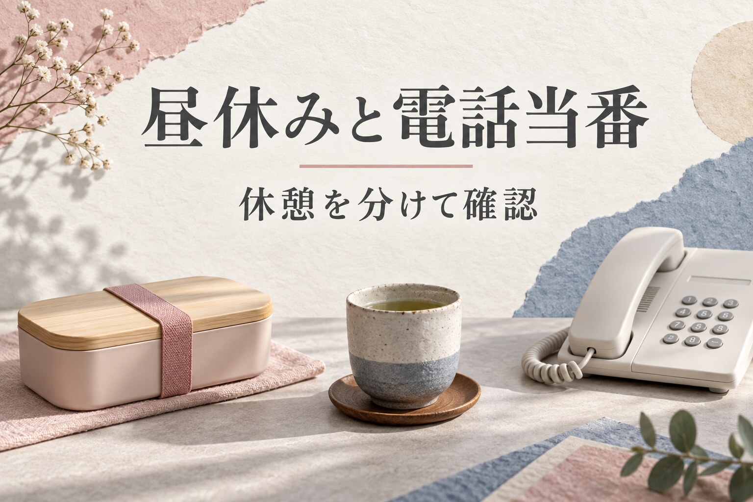 昼休みと電話当番、休憩を分けて確認というタイトルと弁当・電話のイメージ