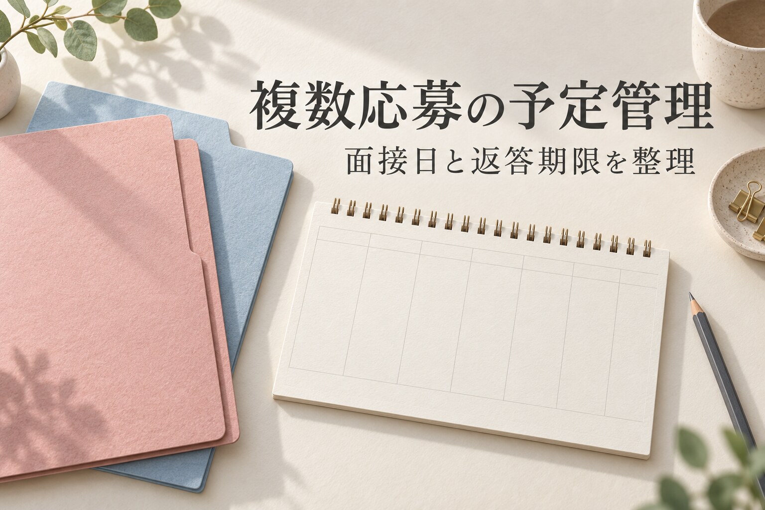 複数応募の予定管理、面接日と返答期限を整理というタイトルと手帳のイメージ