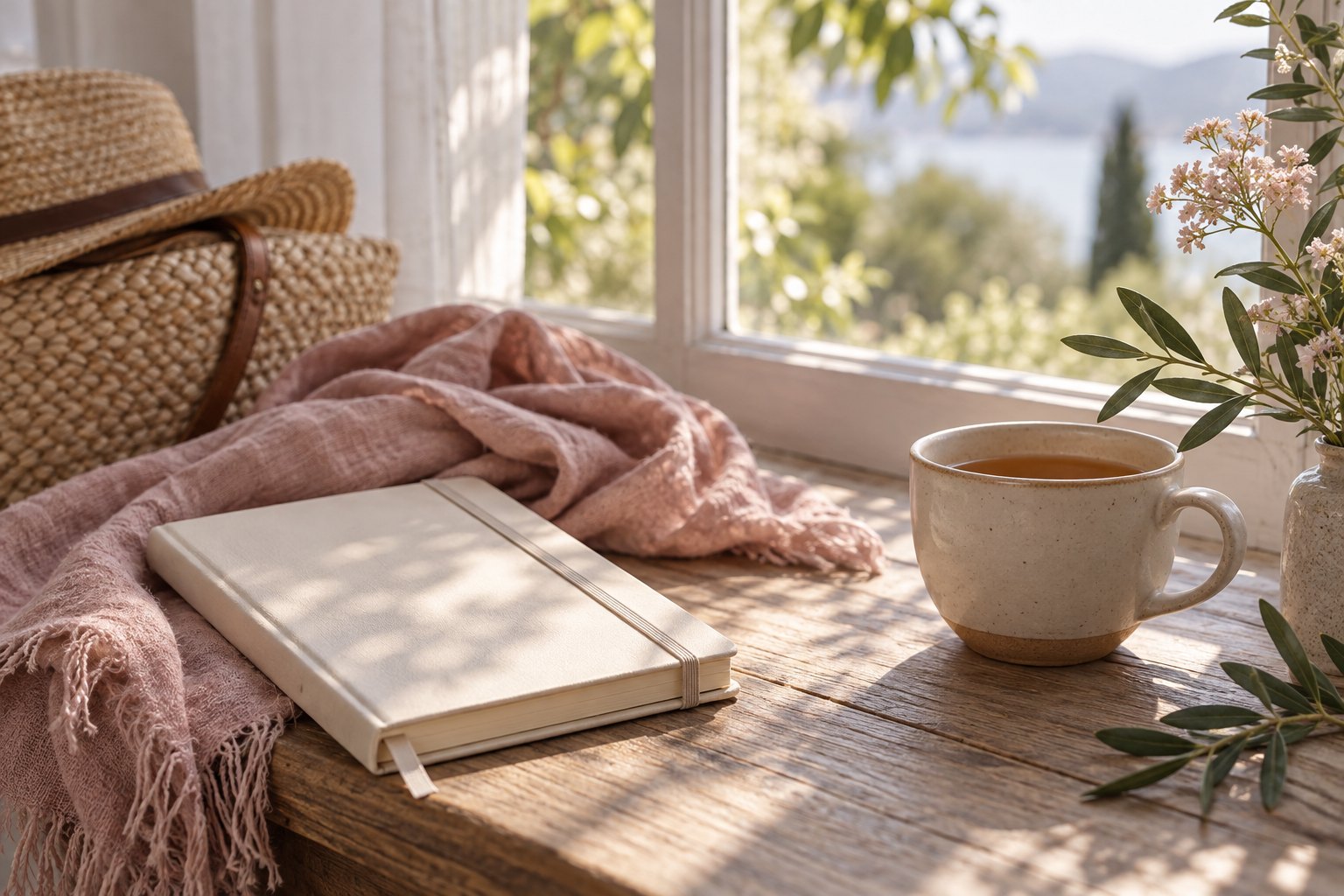 引き継ぎを済ませた後の休息を表すノートとお茶のイメージ