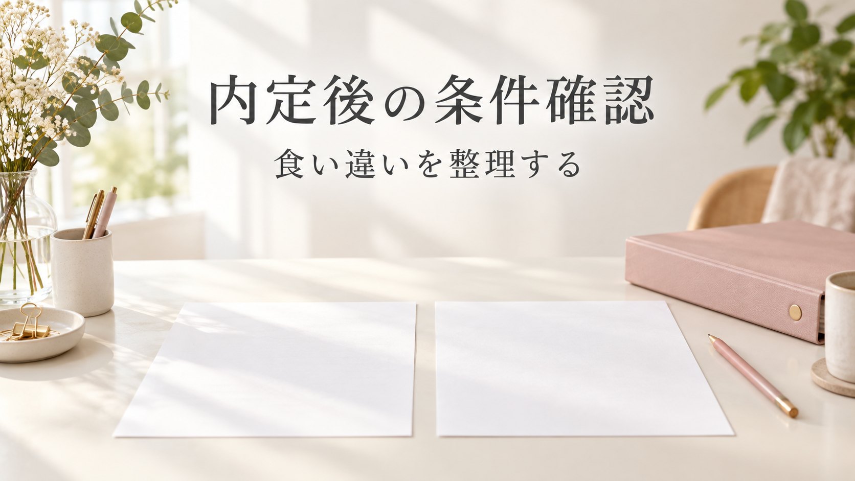 内定後の条件確認、食い違いを整理するというタイトルと書類のイメージ