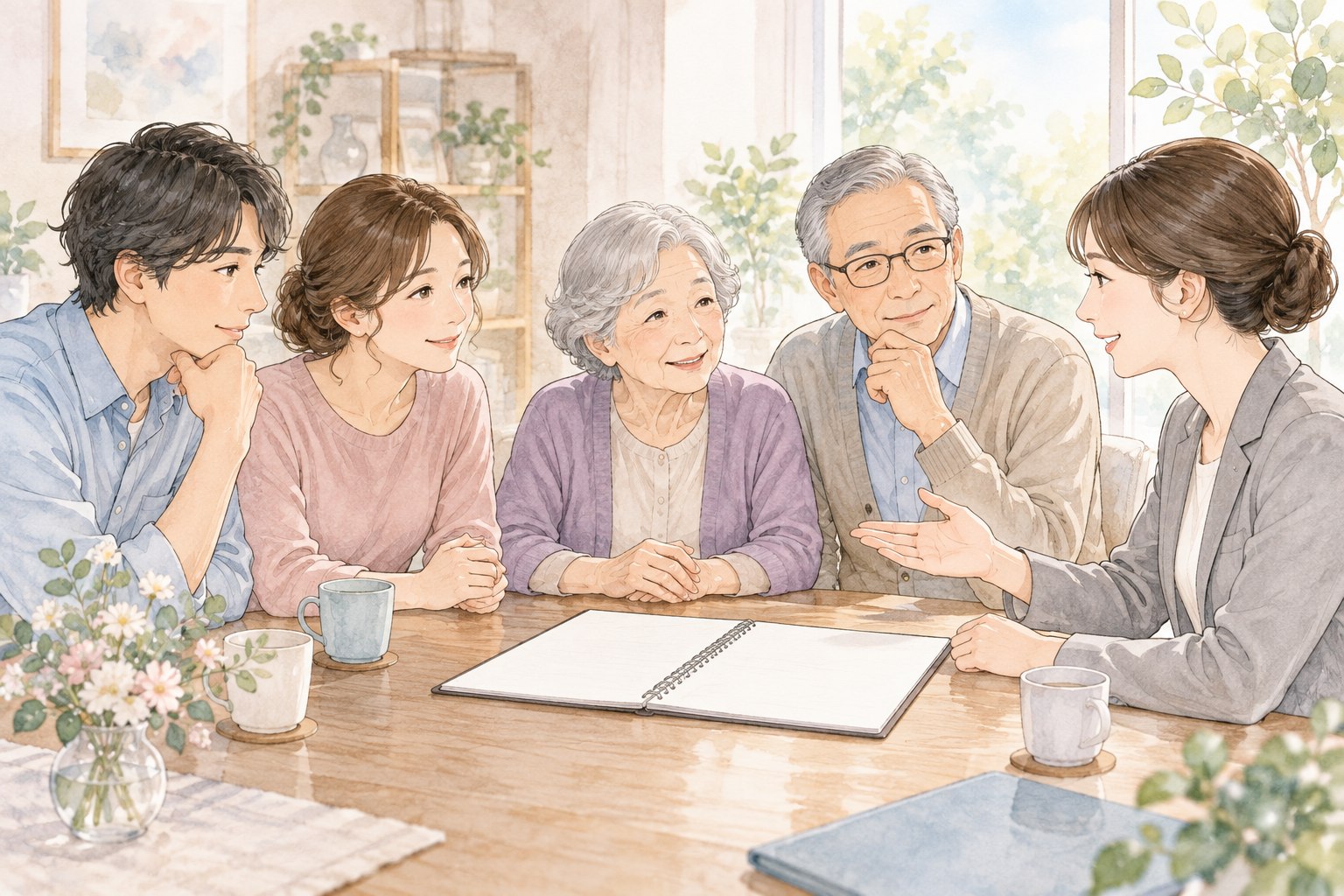 家族や支援担当者と介護の分担を相談するイメージ