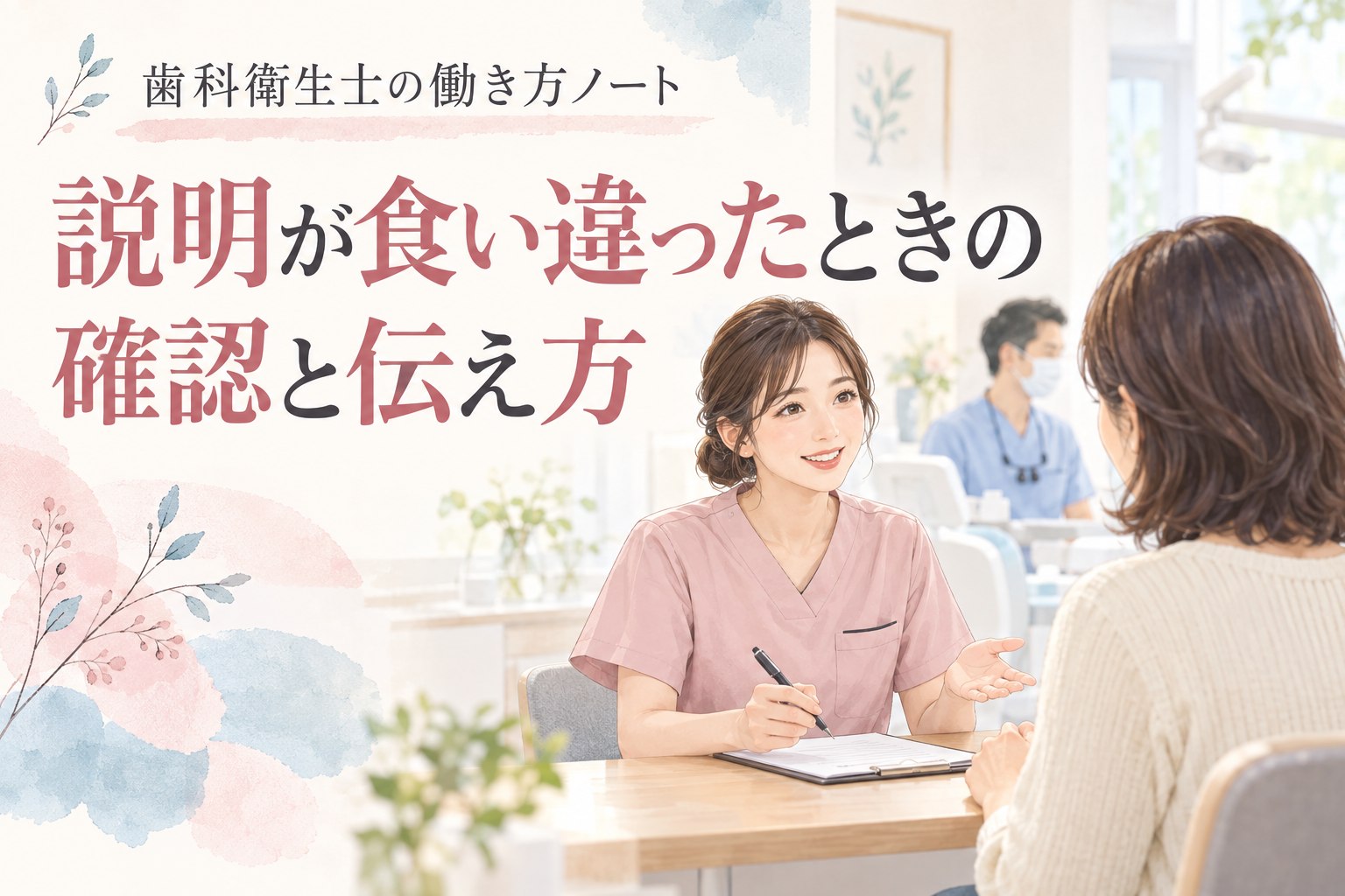 説明が食い違ったときの確認と伝え方を考える歯科衛生士のイメージ