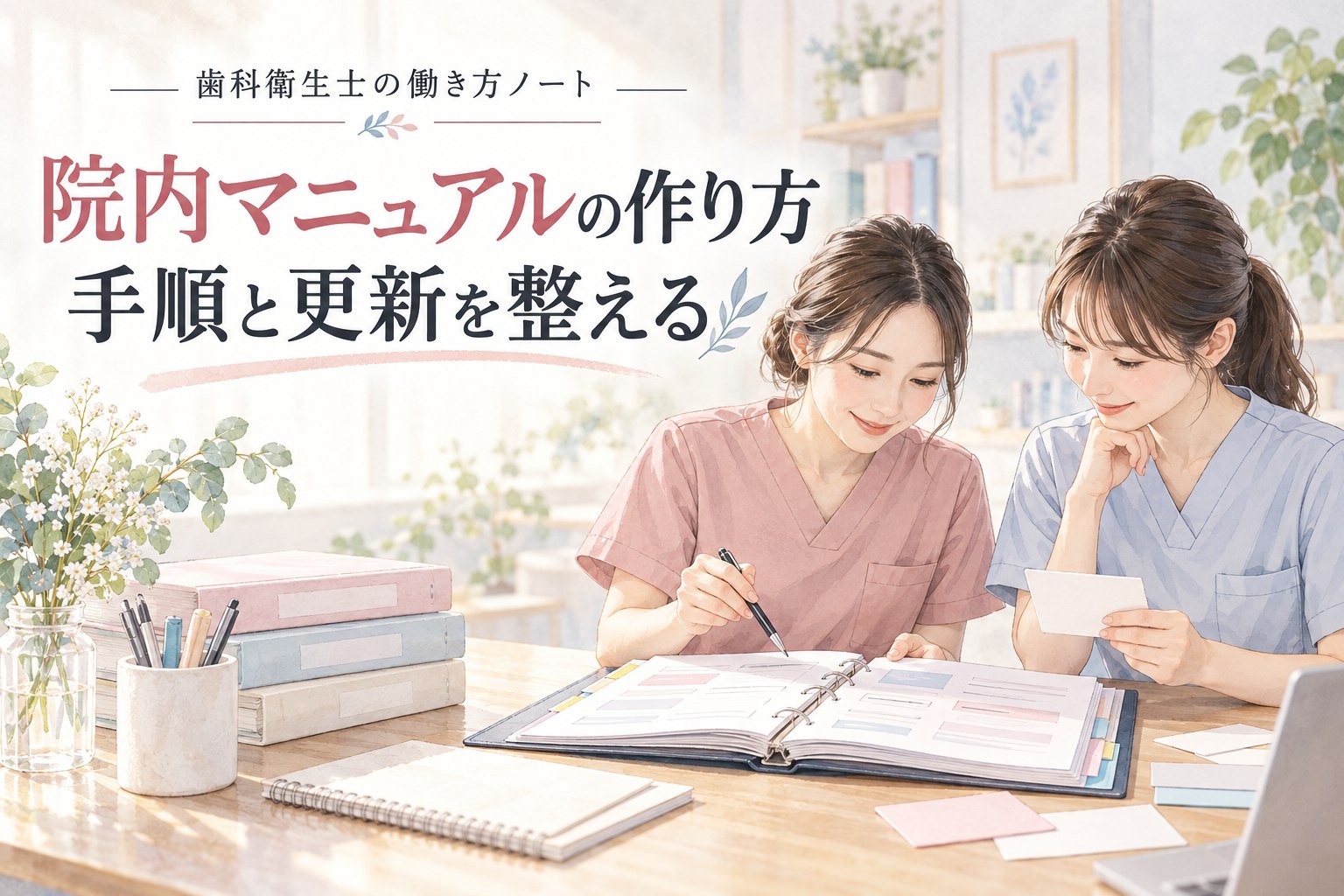 院内マニュアルの手順と更新を整える職員のイメージ