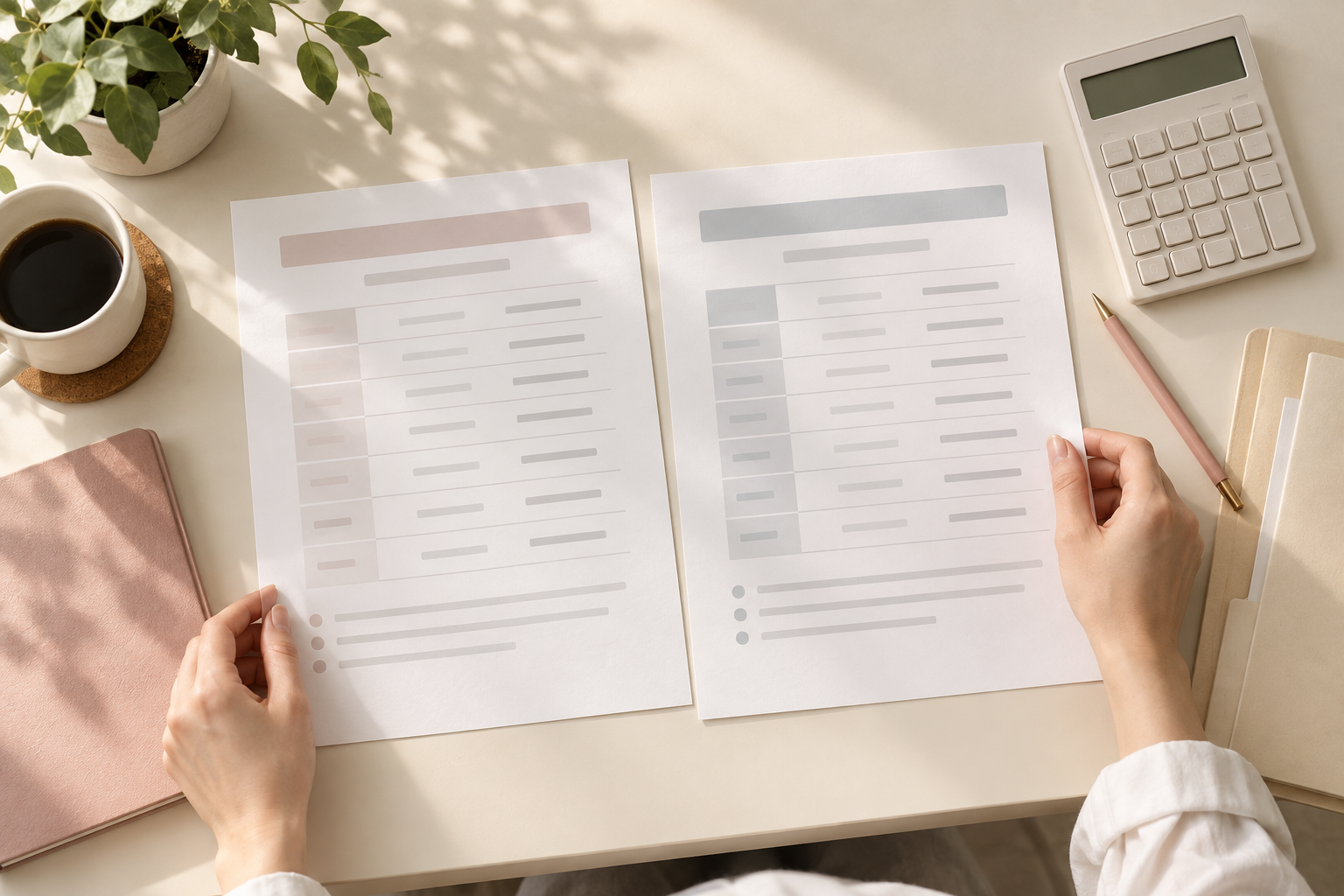 給与条件の違いを比較する架空の書類と電卓のイメージ