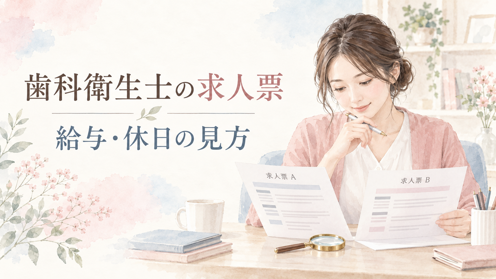 歯科衛生士の求人票の見方｜給与・休日・教育体制の確認方法をテーマにした歯科衛生士向けのイラスト