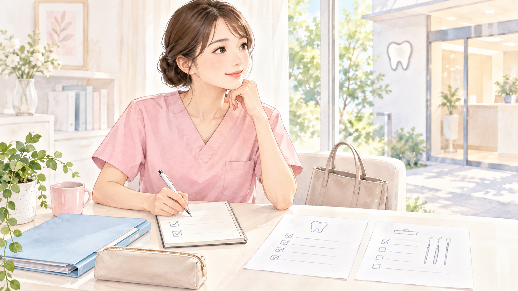 働き方や確認事項をノートに整理する歯科衛生士のイラスト