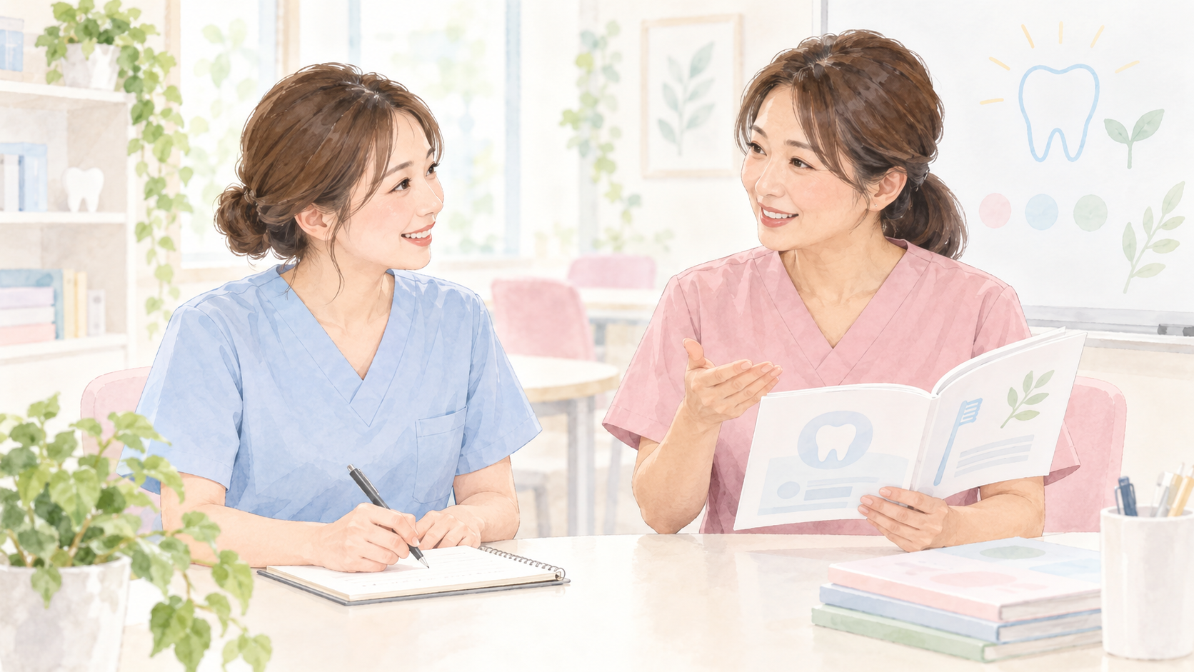 復職に向けて研修内容を相談する歯科衛生士のイラスト