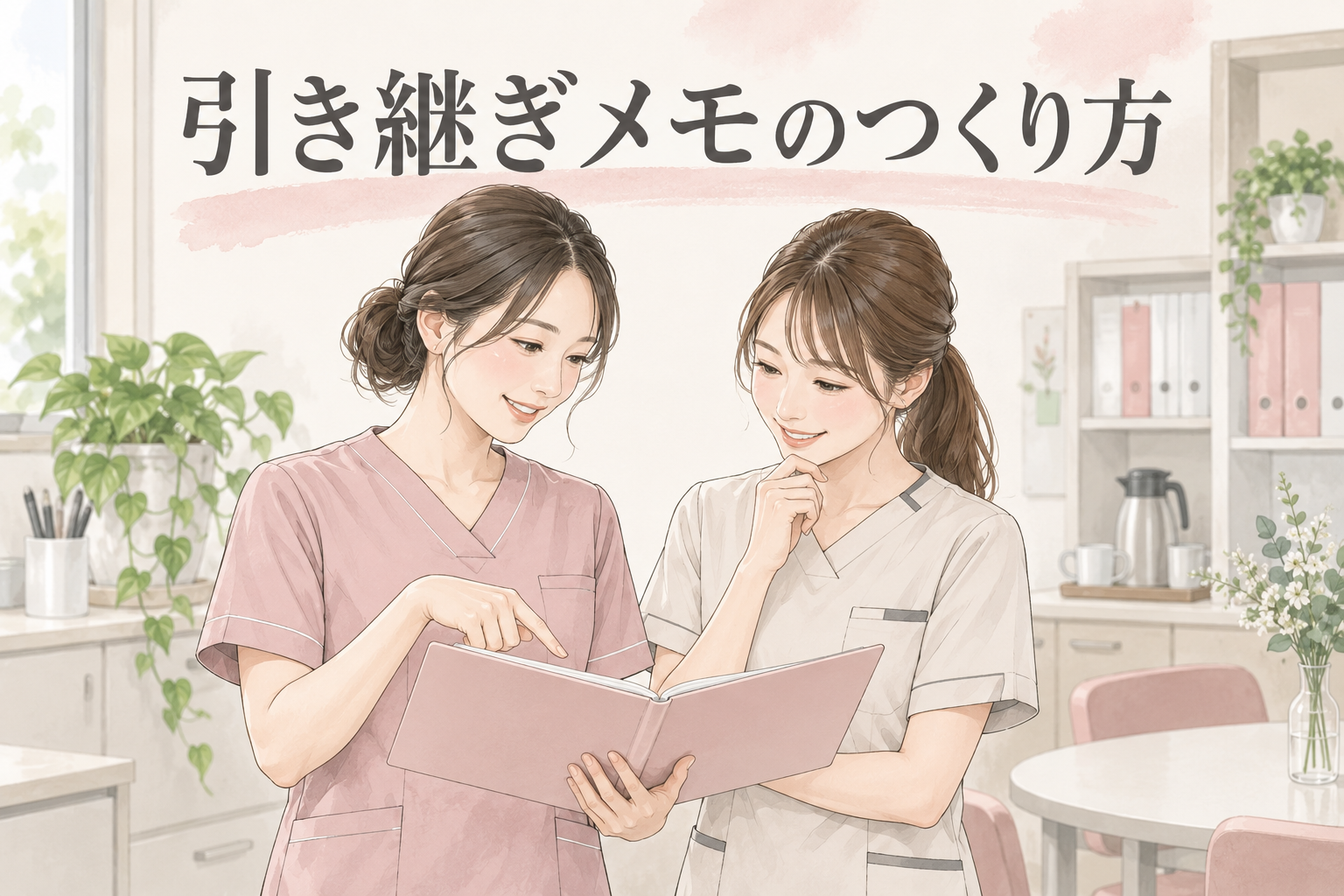 引き継ぎメモのつくり方というタイトルと資料を確認するスタッフのイメージ