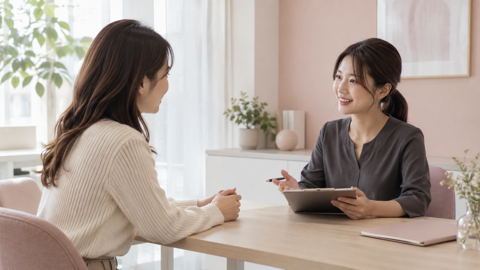 個室で相談員と落ち着いて話す女性のイメージ