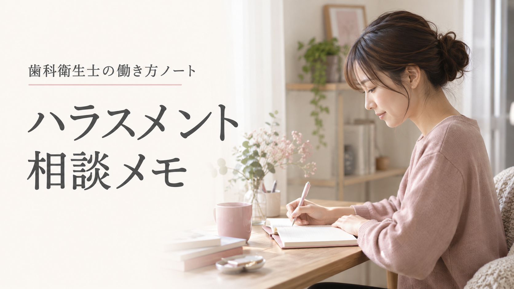 ハラスメント相談メモというタイトルと静かな机で記録する女性のイメージ