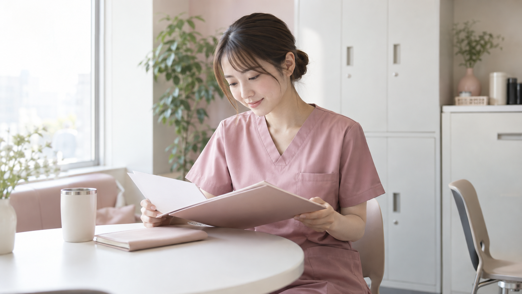 歯科衛生士が勤務記録の書類を確認するイメージ