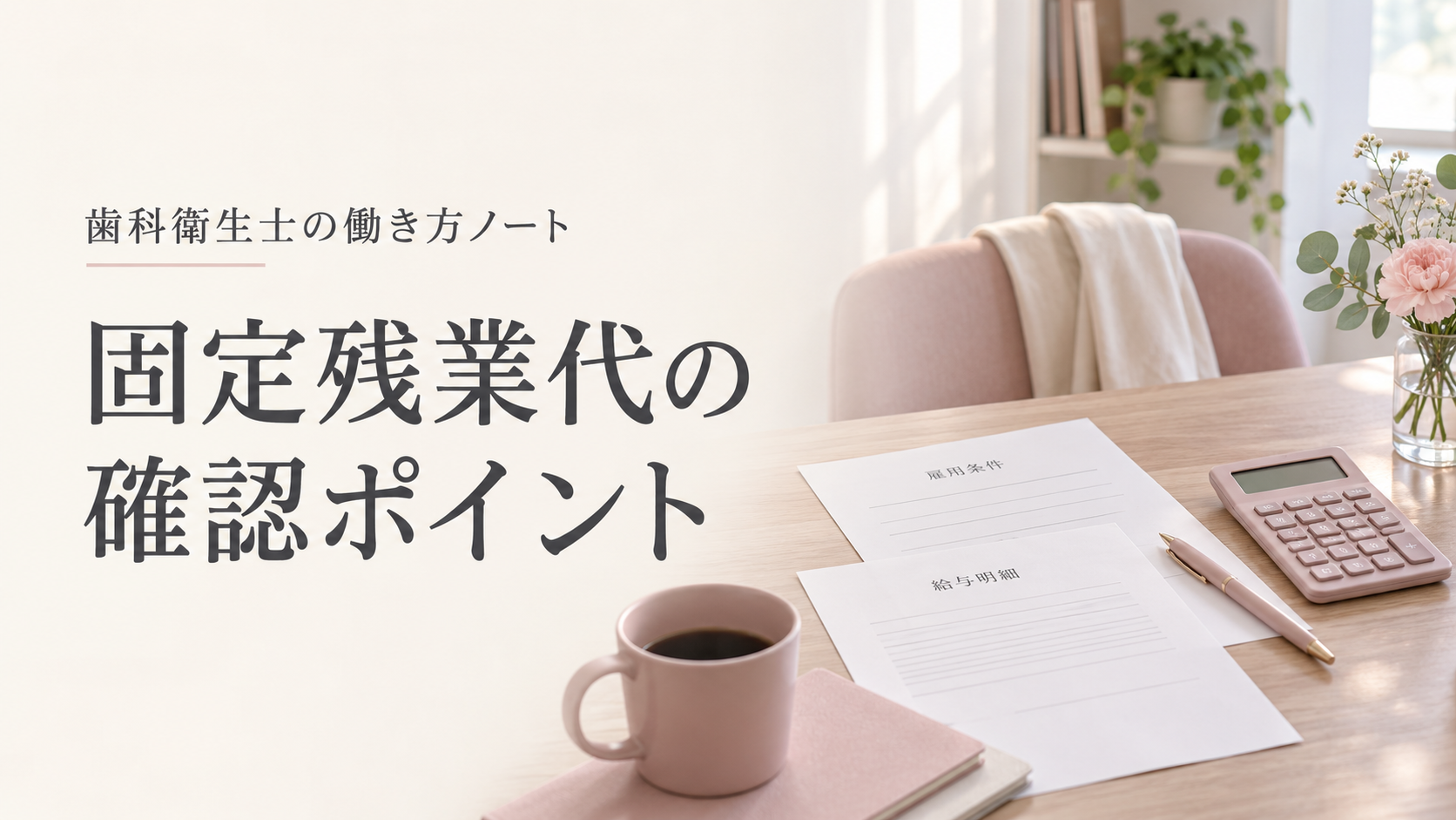 固定残業代の確認ポイントというタイトルと給与書類と電卓のイメージ