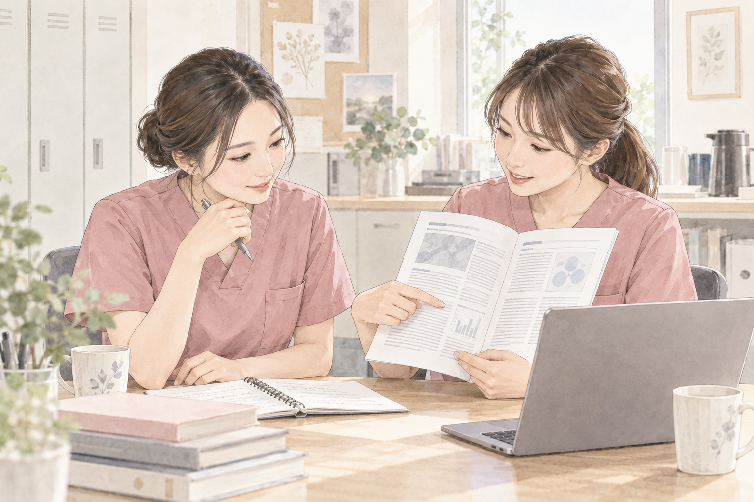 スタッフ二人が学術資料とメモを見ながら疑問を相談するイメージ