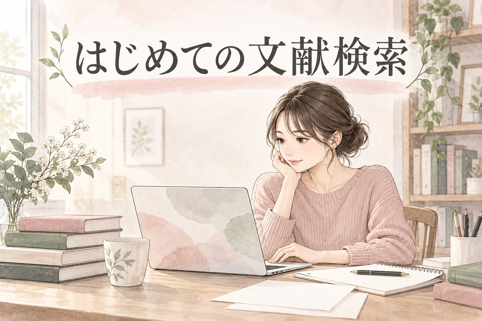 はじめての文献検索というタイトルと机で調べる女性のイメージ