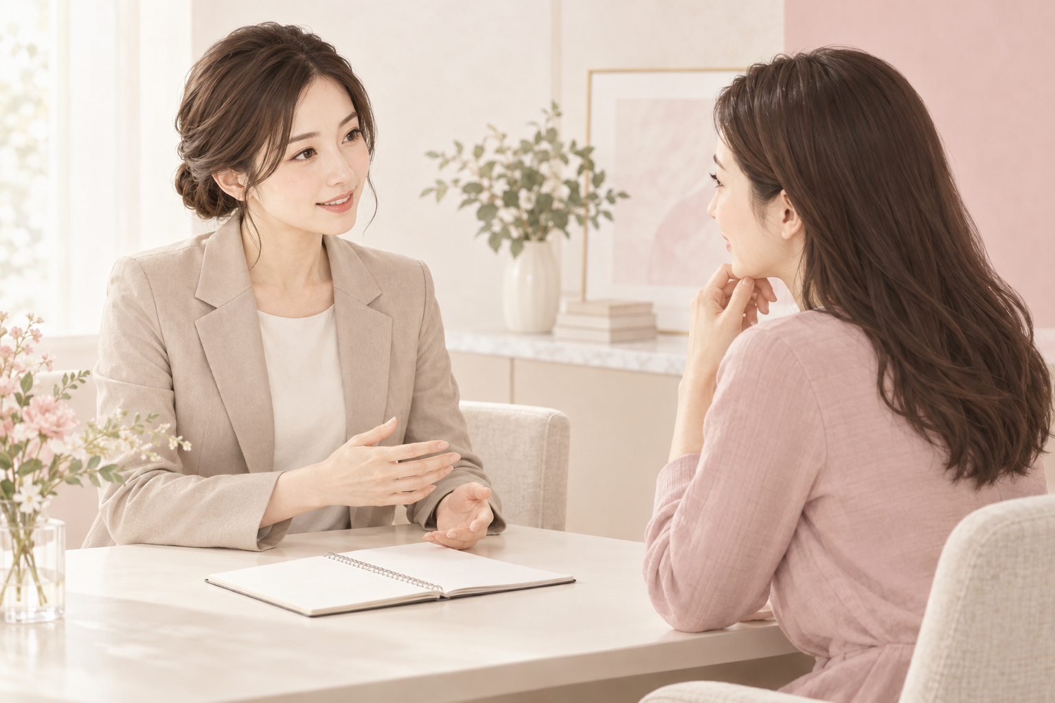 面接の疑問を落ち着いて相談する二人のイメージ