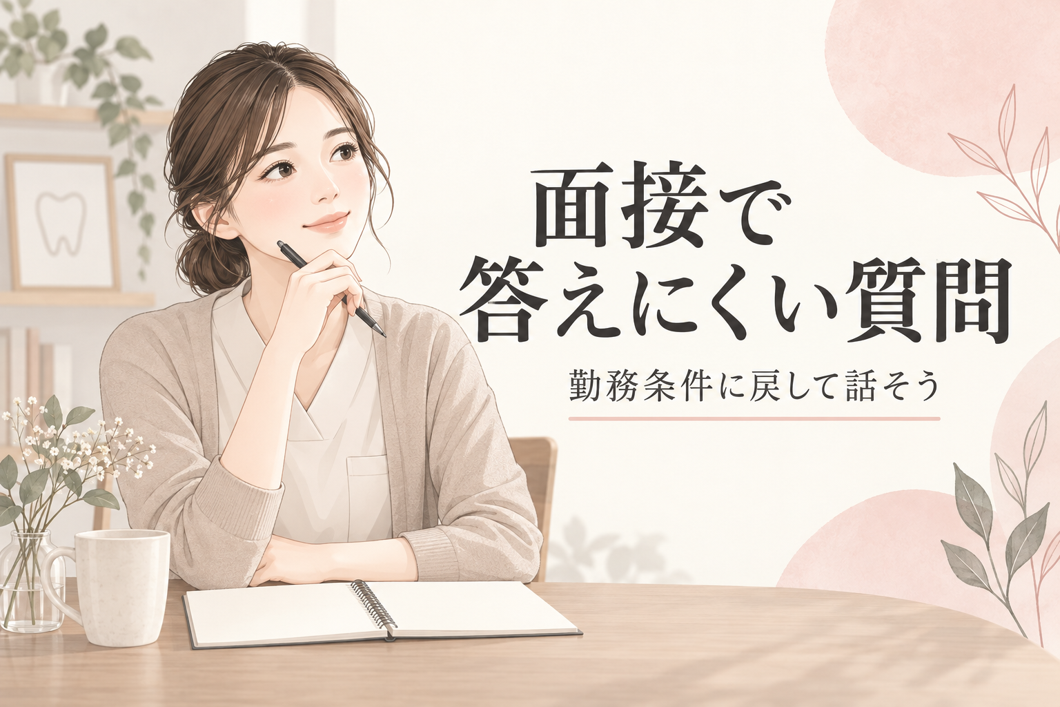 面接で答えにくい質問というタイトルとノートを持つ女性のイメージ