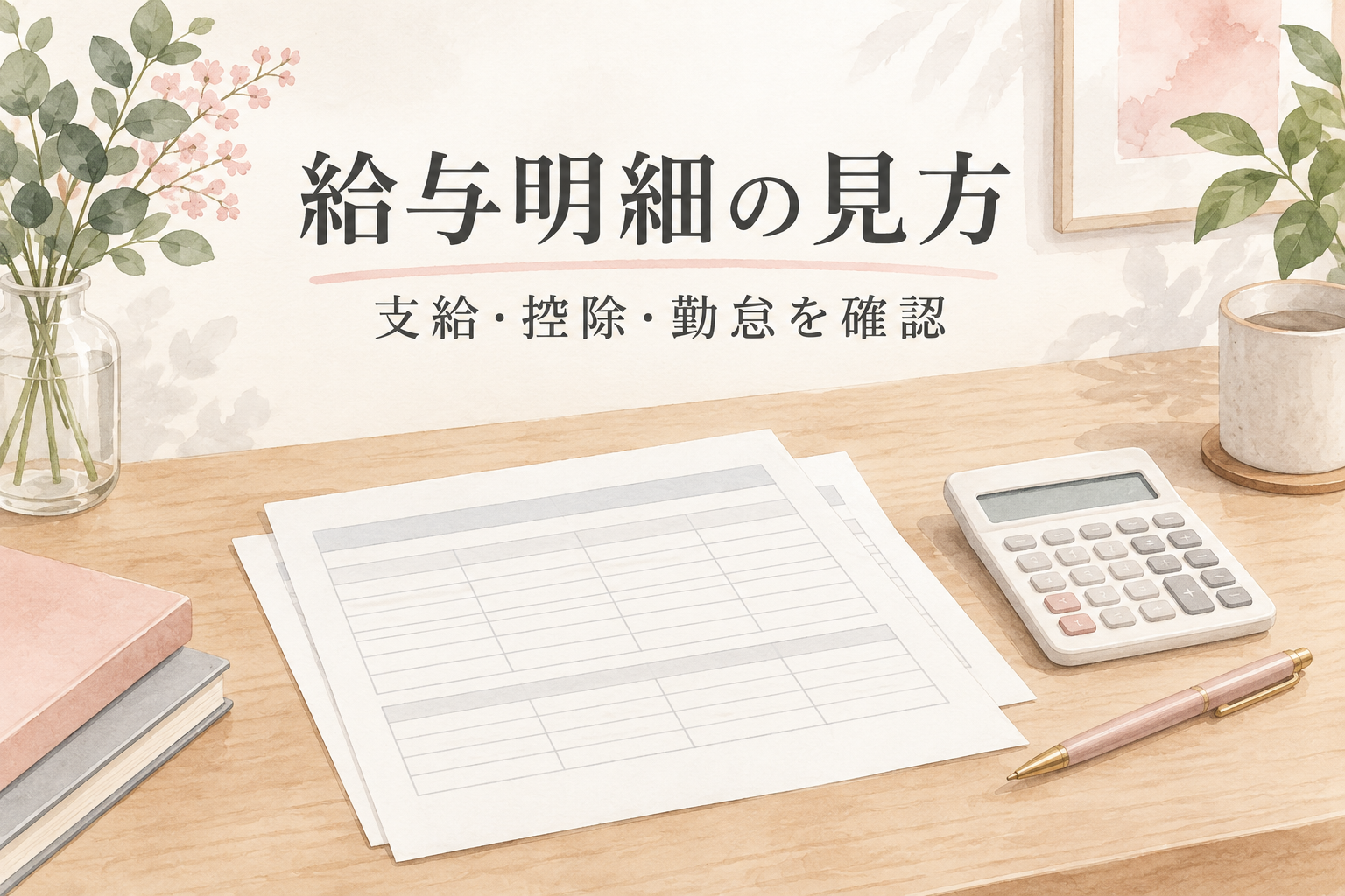 給与明細の見方というタイトルと書類と電卓のイメージ