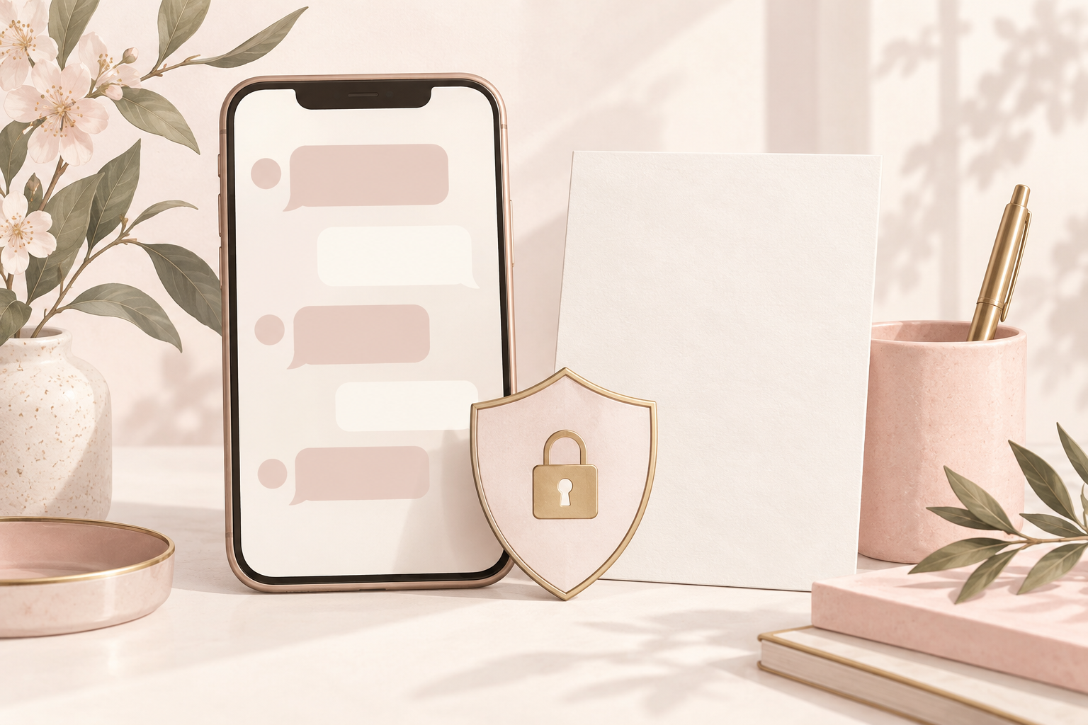 情報を送る前の確認を表すスマートフォンと盾のイメージ
