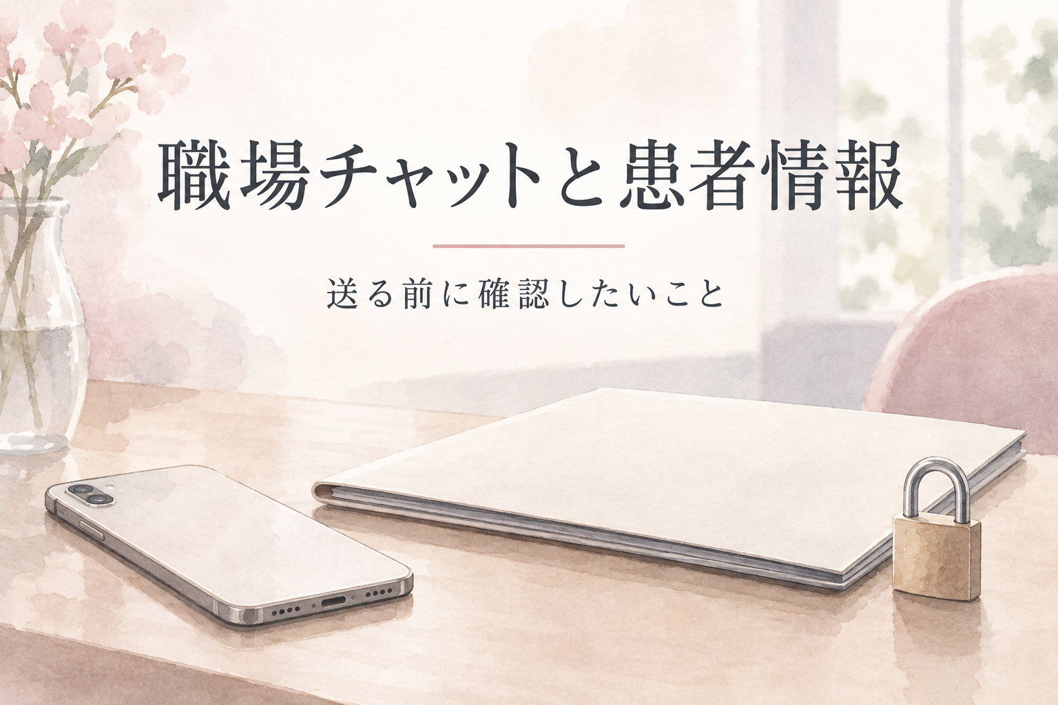 職場チャットと患者情報というタイトルとスマートフォンと鍵のイメージ