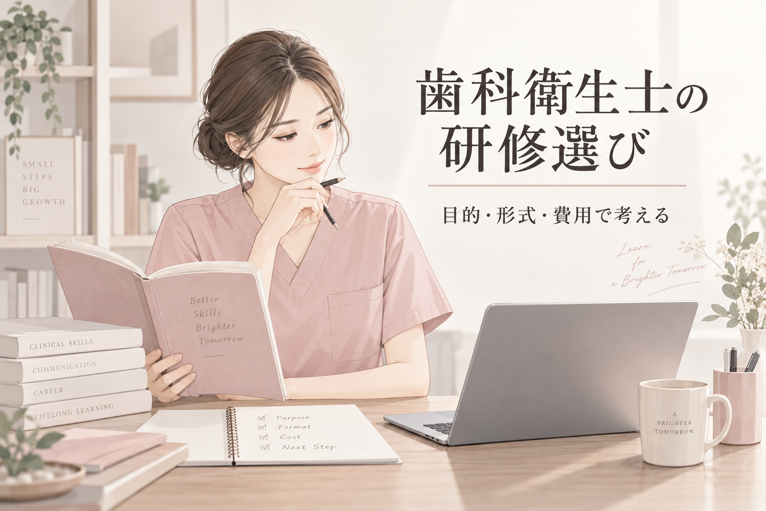 歯科衛生士の研修選びというタイトルと本とパソコンで学ぶ女性のイメージ